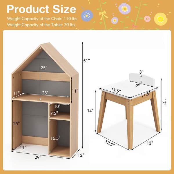 Costway Kids House-Shaped Table & Chair Set Wooden Toy Organizer - See Details