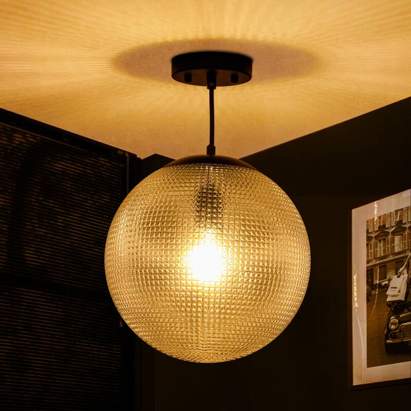 1-Light Modern Indoor Matte Black Finish Kitchen Island Pendant Lights with Globe Diamond Textured Grey/Clear Glass Shade