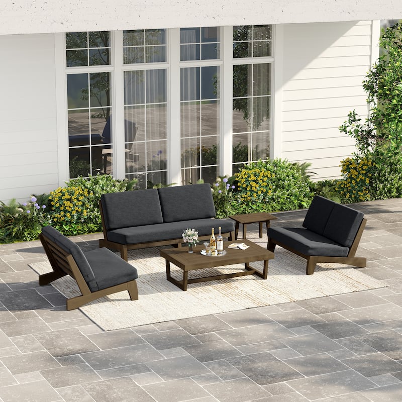 Casual Teak Outdoor Patio Conversation Set with Cushioned Sofa Loveaseat