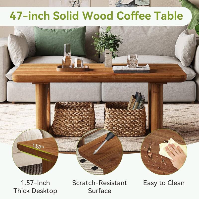 47" Rectangle Solid Wood Coffee Table, Farmhouse Center Table for Living Room - 47.24" W × 23.62" D × 17.72" H