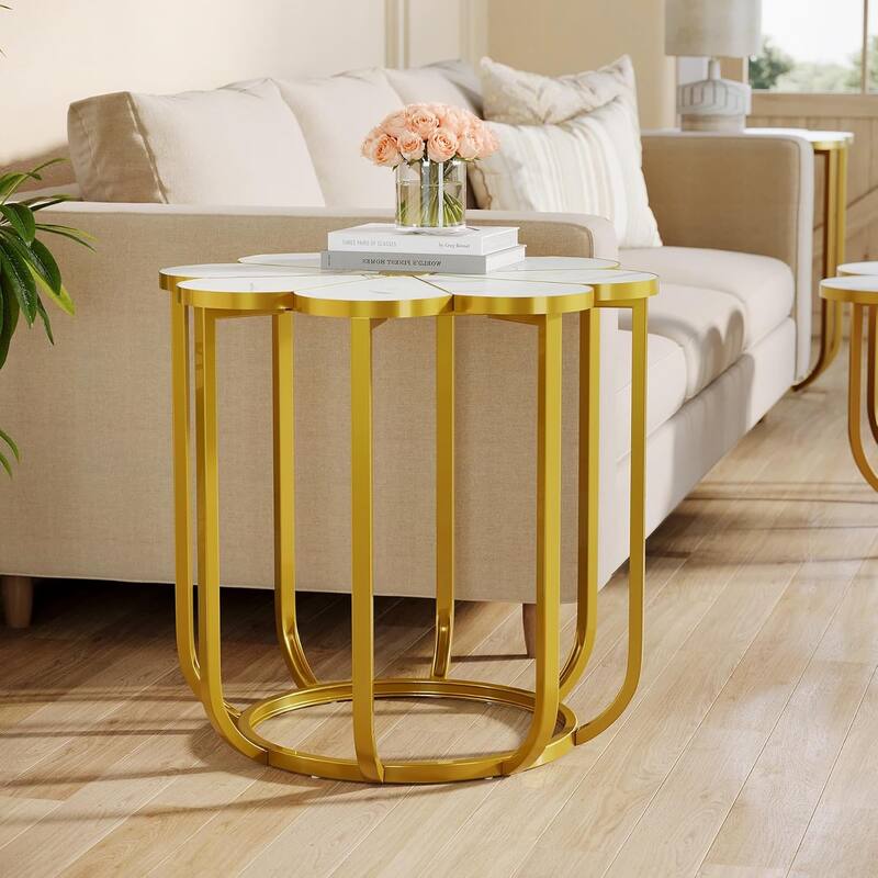 24-Inch Modern Faux Marble End Table with Gold Metal Frame, Flower Side Table for Living Room, Bedroom