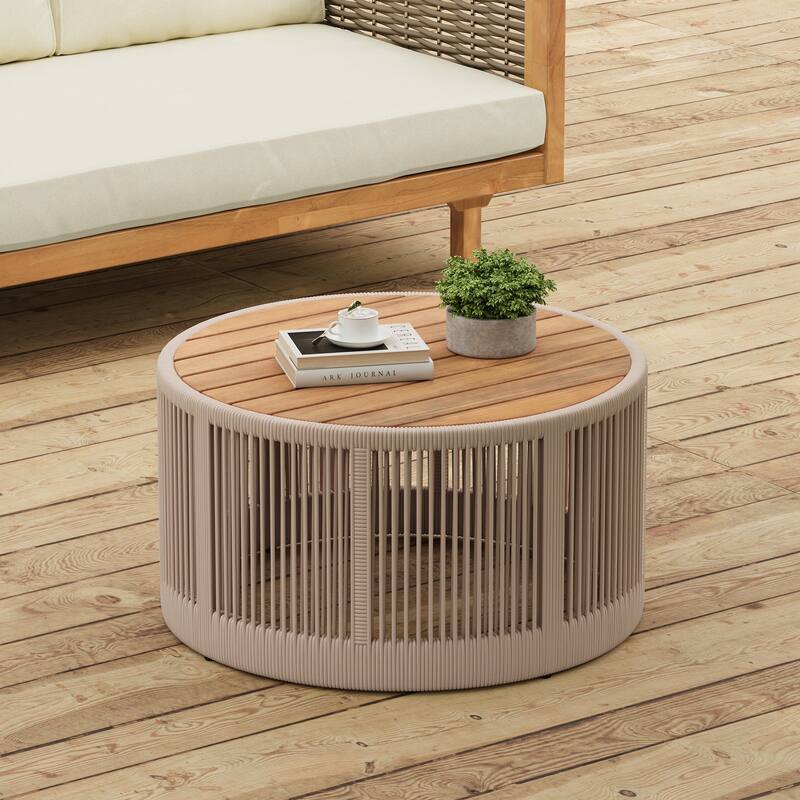 Outdoor Rattan rope and Acacia Wood Coffee Table(Rope Beige, Natural Iron)