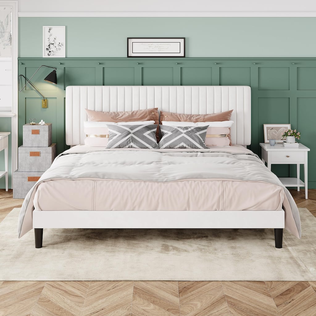 King Bed Frame, Velvet Upholstered Platform Bed with Vertical Channel Tufted Headboard, Mattress Foundation with Wooden Slats