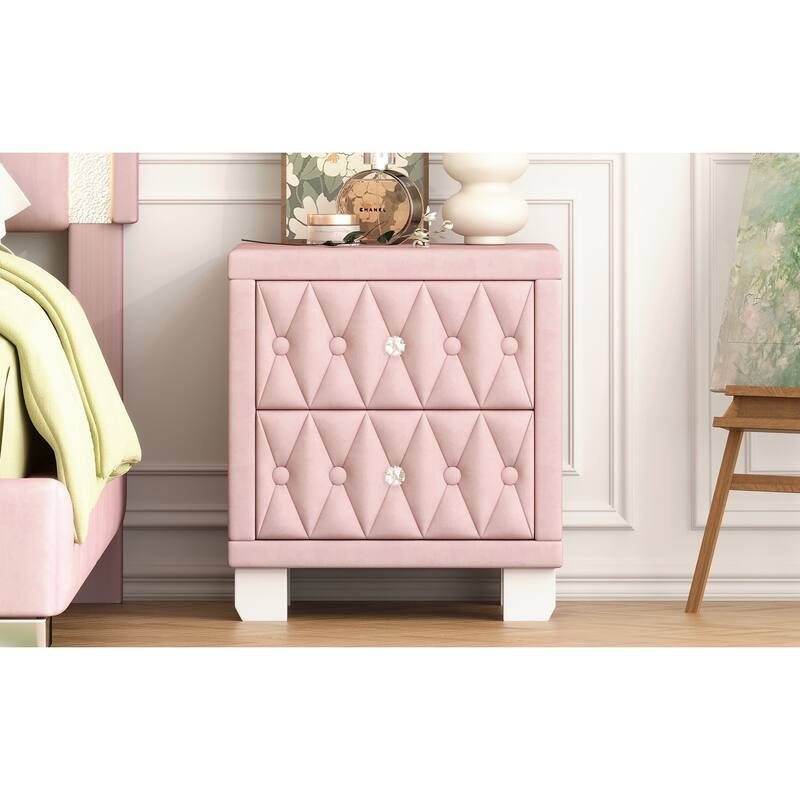 Elegant Velvet 2-Drawer Nightstand with Crystal Handles - Button-Tufted Storage Bedside Table (Pink)