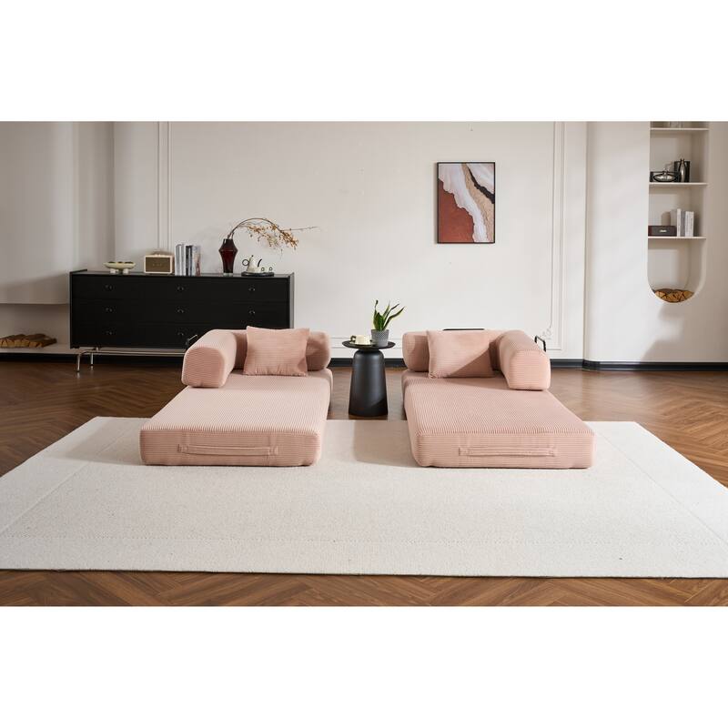 Convertible Sleeper Sofa Bed with Cylindrical Pillow, Corduroy Folding Mattress Couch with Fixed-Shape Frame
