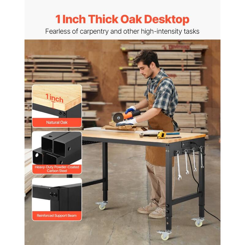 Black and Natural Oak Adjustable Height Workbench with Power Strip, Casters and Hooks - Black-Natural