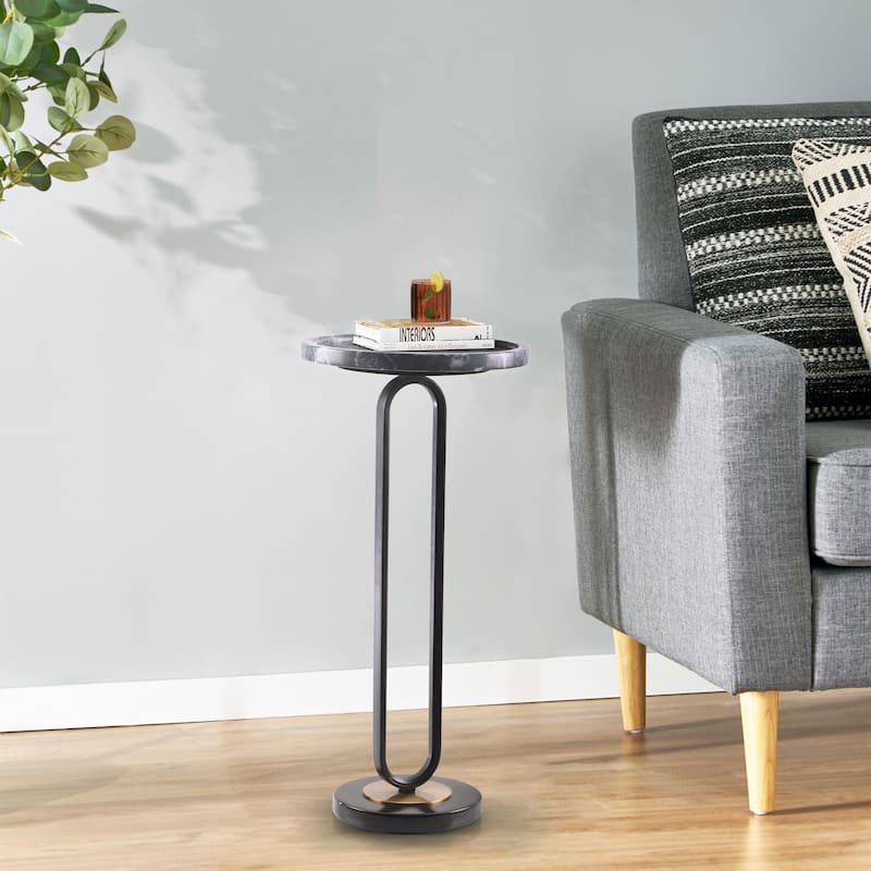 12" Grey Round Marble Metal Marble Pedestal End Table