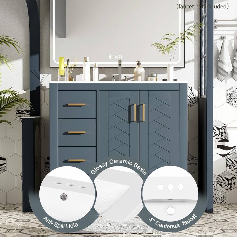 36'' Bathroom Vanity with Ceramic Sink Combo, Solid Wood Frame Bathroom Storage Cabinet