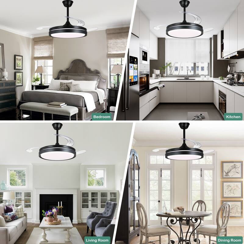 Cusp Barn 42 Inch Retractable Ceiling Fan with Lights, Modern Silent DC Motor 6 Speeds Chandelier Ceiling Fan for Bedroom