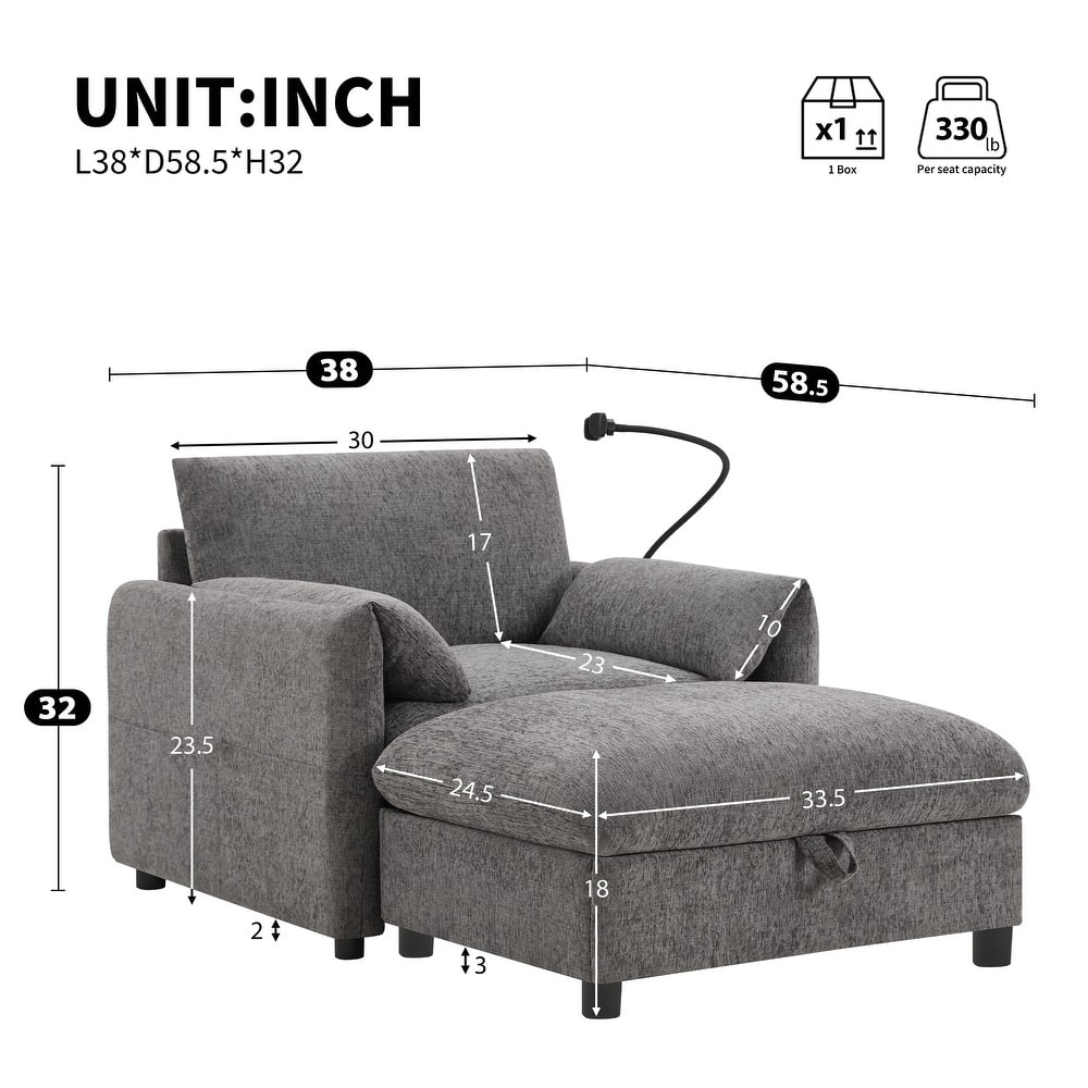 Single Sofa with Storage Ottoman, Lounge Chair with Phone Holder, USB Charger & Side Pockets, Comfy Chenille Reading Armchair