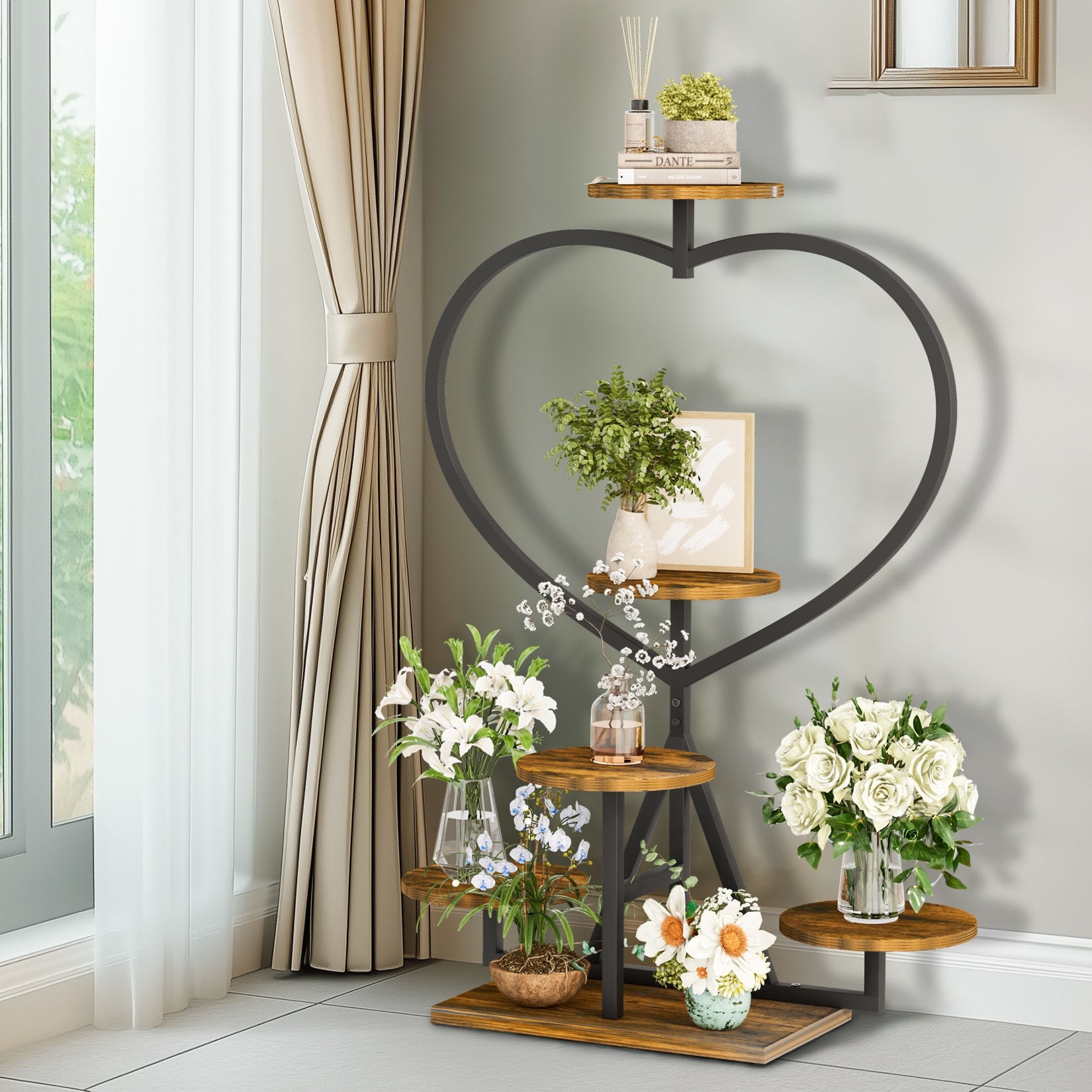 5 Tiered Metal Plant Stand Wood Shelf Flower Stands Garden Living Room