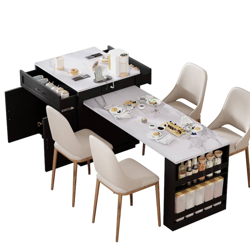 Anmytek Expandable Kitchen Island and Dining Table with Power Outlets - Convertible Cart to Table for Small Spaces