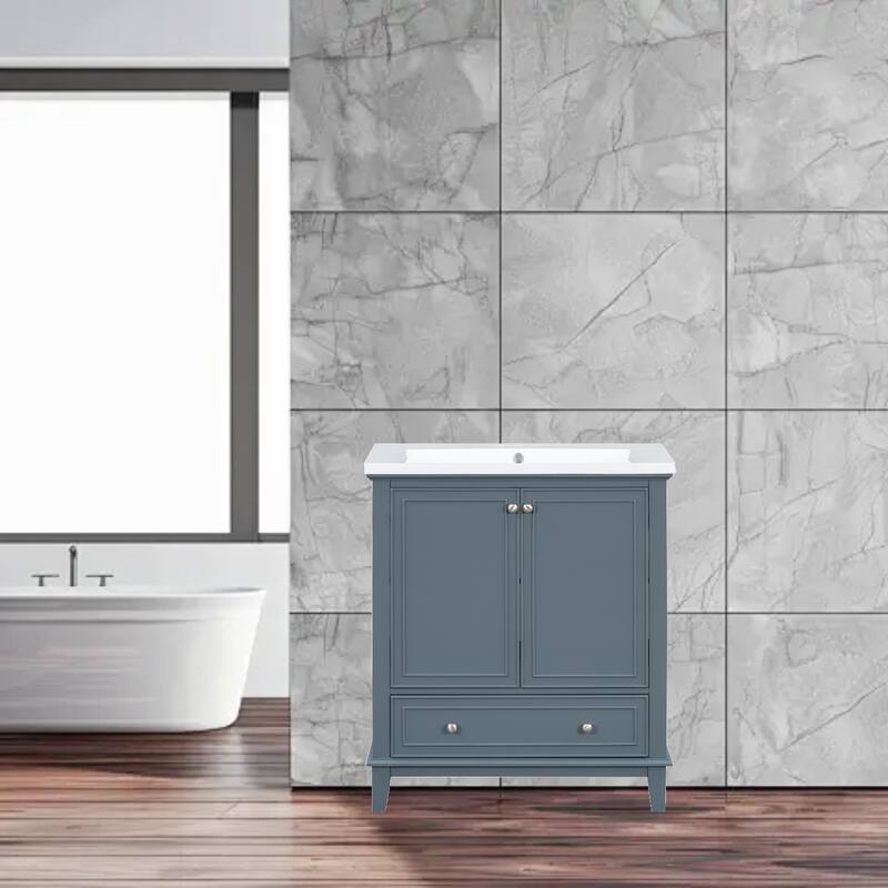 Modern 30" Freestanding Bathroom Vanity with Ceramic Sink, 2 Doors, and Adjustable Storage Shelf - Blue