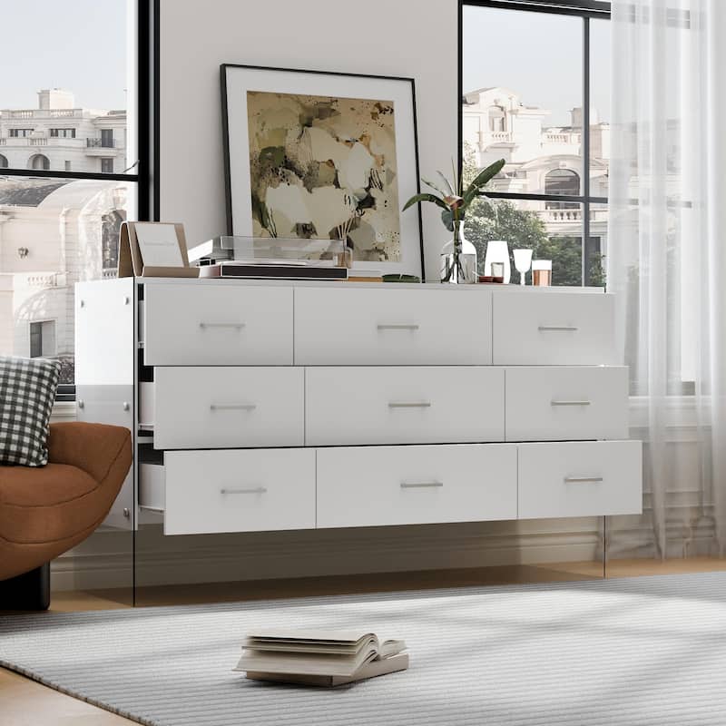 Dresser Chest of 9 Drawers Triple Dresser with Glass Legs White
