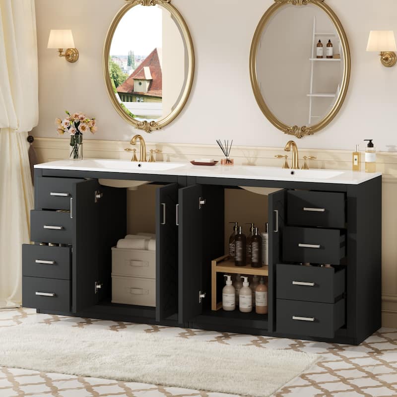 GDFStudio - Carrington Modern Freestanding Double Bathroom Vanity Set with Ceramic Sinks, Drawers & Soft Closing Doors - 72'W - Black