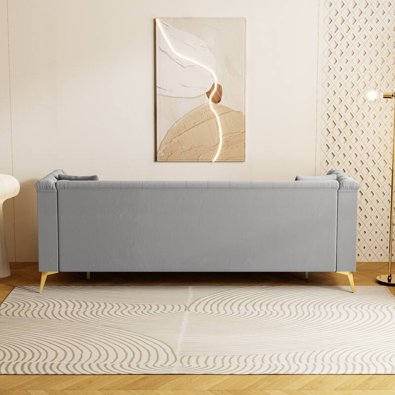 Modern Tufted Velvet Sofa, 82.67" Mid-Century 3-Seater Couch with Gold Metal Legs & Pillows, Elegant Chesterfield-Style Sofa