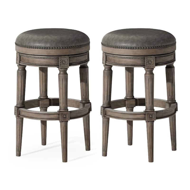 Maven Lane Pullman Backless Swivel Kitchen Stool - Set of 2 - Reclaimed Oak Vegan Leather - Bar Height