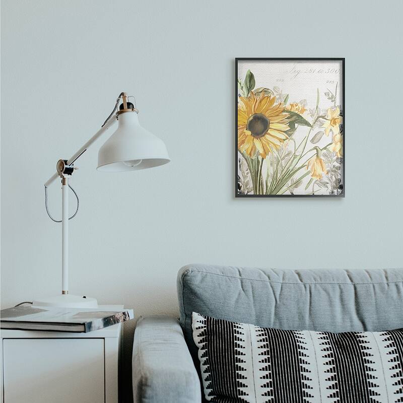 Stupell Soft Sunflower Floral over Vintage Plant Illustration Framed Giclee Texturized Art by Kim Allen