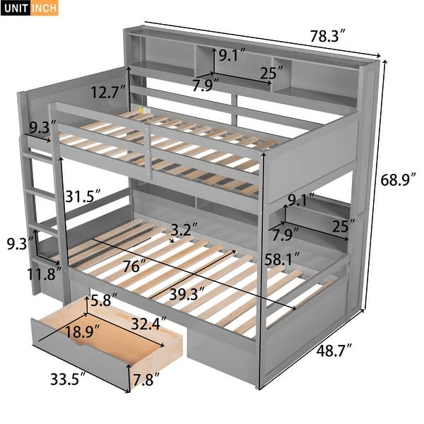 dimension image slide 1 of 2, Twin Size Bunk Bed with Built-in Shelves Beside Both Upper & Down Bed and Storage Drawer, Twin Over Twin Solid Wood Bed Frame
