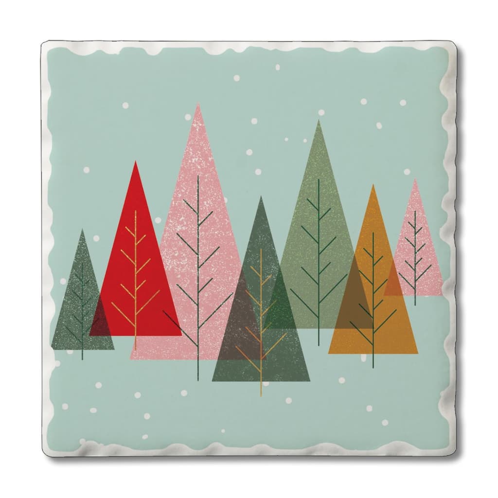 Colorful Christmas Trees 4 Pack Single Absorbent Stone Coaster with Cork Backing Made in The USA 4" Square, Wipes Clean