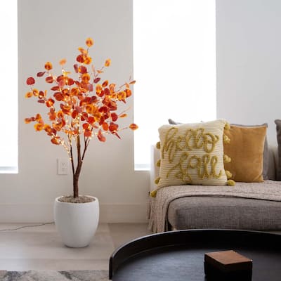 Pre-Lit Potted Artificial Eucalyptus Tree - 4’ - Warm White LED Lights