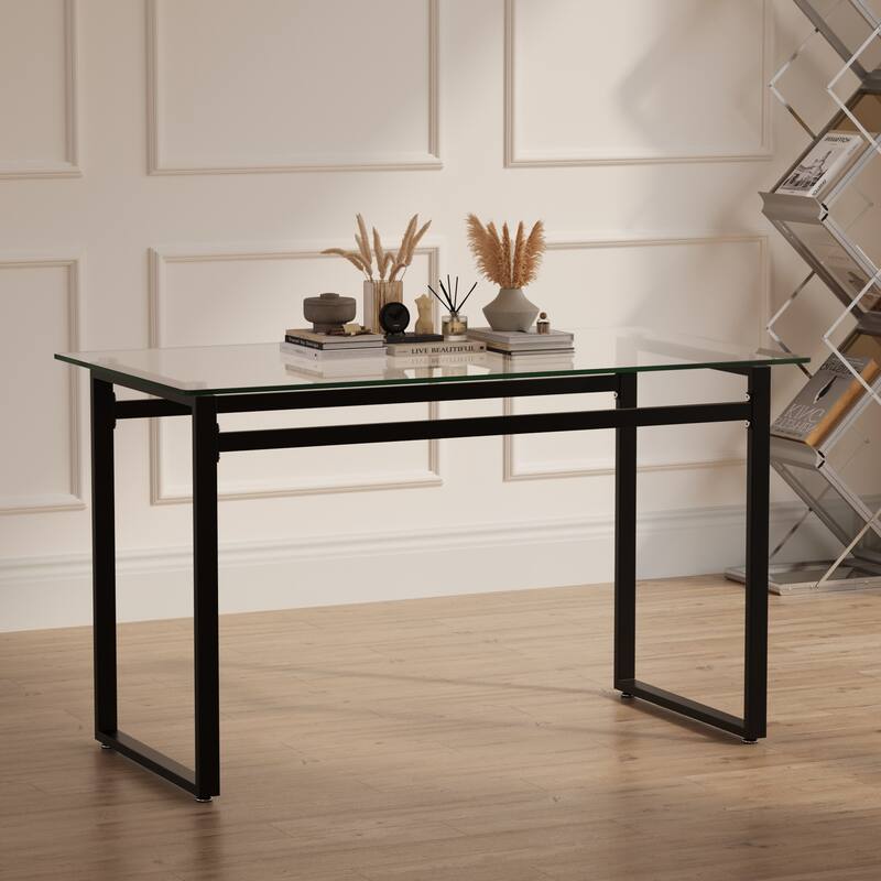 51" Modern Minimalist Rectangular Glass Dining Table for 4-6 with 0.31" Tempered Glass Tabletop and Black Chrome Metal Legs