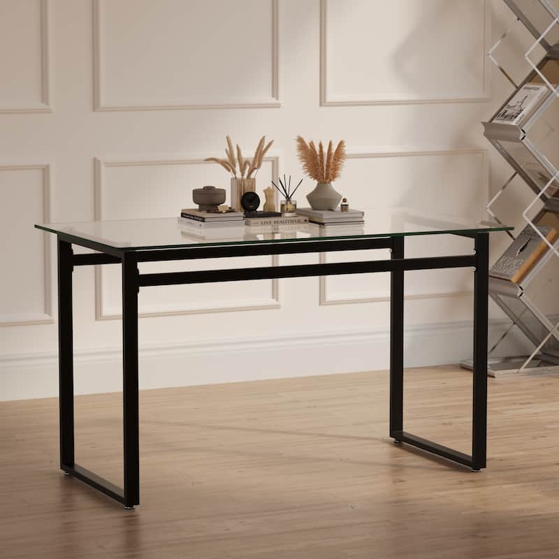 Modern Minimalist Rectangular Glass Dining Table for 4-6 with 0.31" Tempered Glass Tabletop and Black Chrome Metal Legs