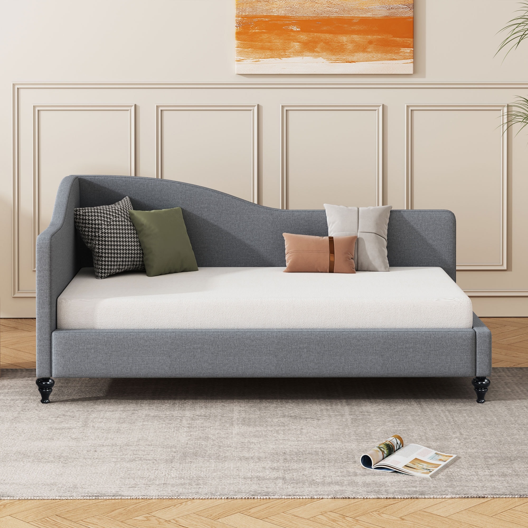 Twin Size L-Shaped Linen Daybed,with Solid Wood Legs,Gray