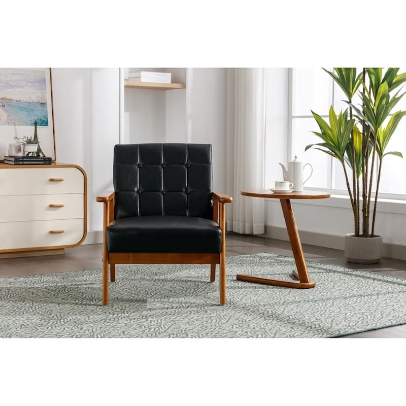 Linen/PU Upholstered Tufted Living Room/Bedroom Accent Chair With Wood Legs - Black+PU