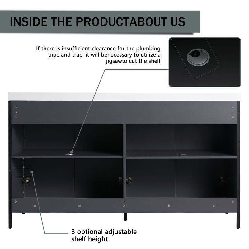 59-inch Double Sink Bathroom Vanity with Adjustable Shelves, Soft-Close Hinges, Resin Basin