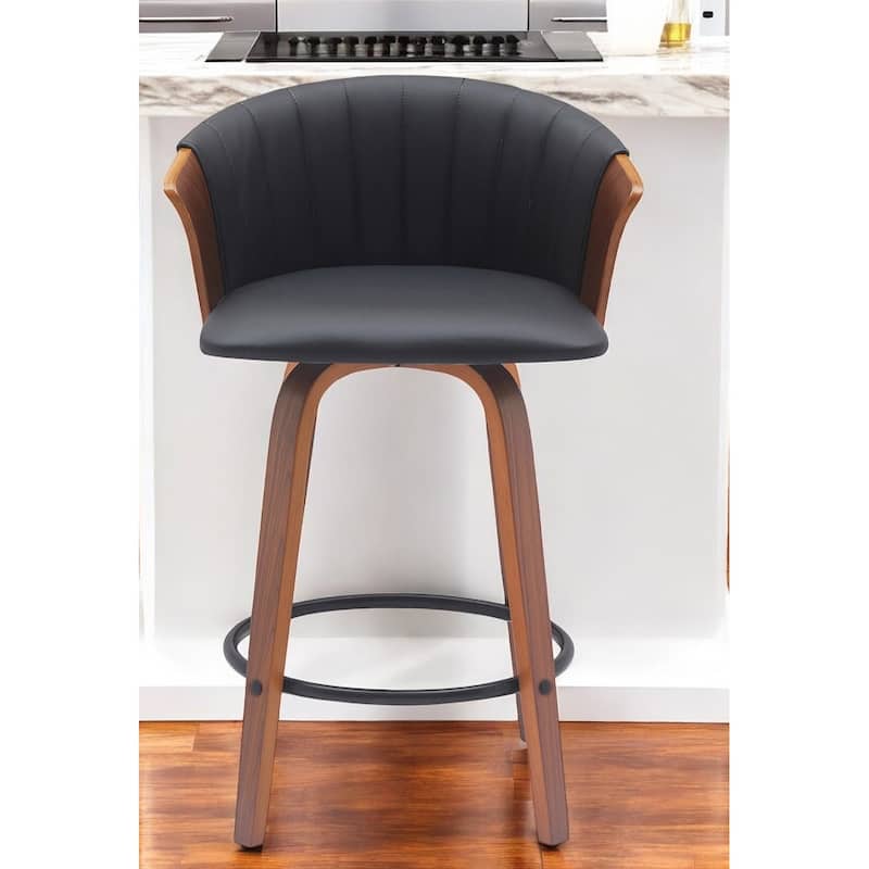 26" Black and Wood Brown Faux Leather with Solid Wood Swivel Counter Height Bar Chair - Black