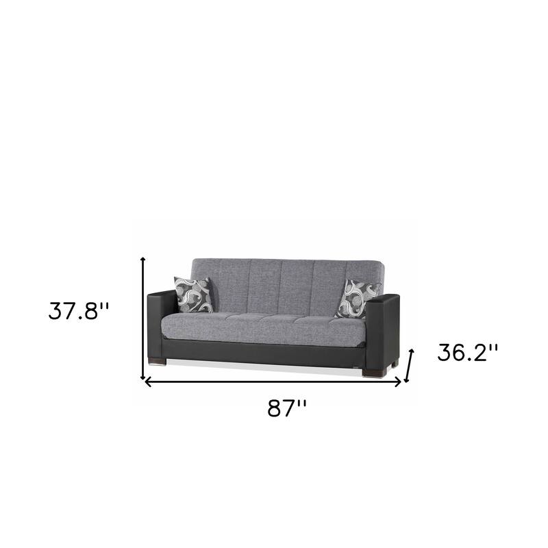 HomeRoots 87" Gray And Black Chenille And Faux Leather Convertible Futon Sleeper Sofa And Toss Pillows With Storage