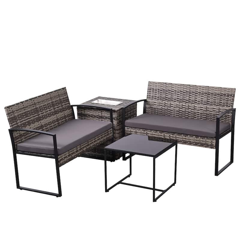 4 Piece Outdoor PE Wicker Furniture Set, Patio Black Rattan Sectional Sofa Couch with Washable Cushions - Gray