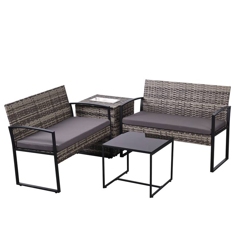 4 Piece Outdoor Sectional Sofa with Built-In Ice Bucket Storage, Rattan Patio Sectional Set with Washable Cushions