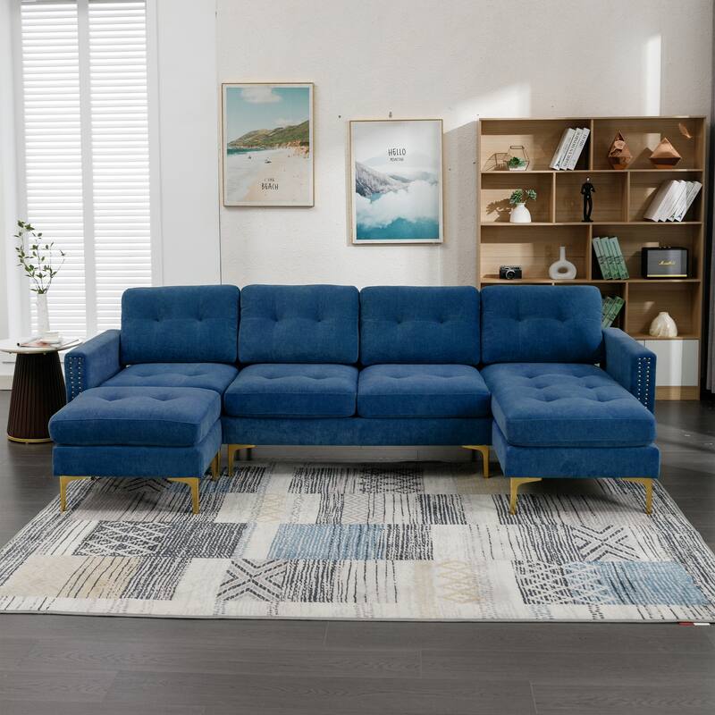 Convertible L-Shaped Velvet Sectional Sofa with Movable Ottoman and Gold Metal Legs for Living Room - Blue