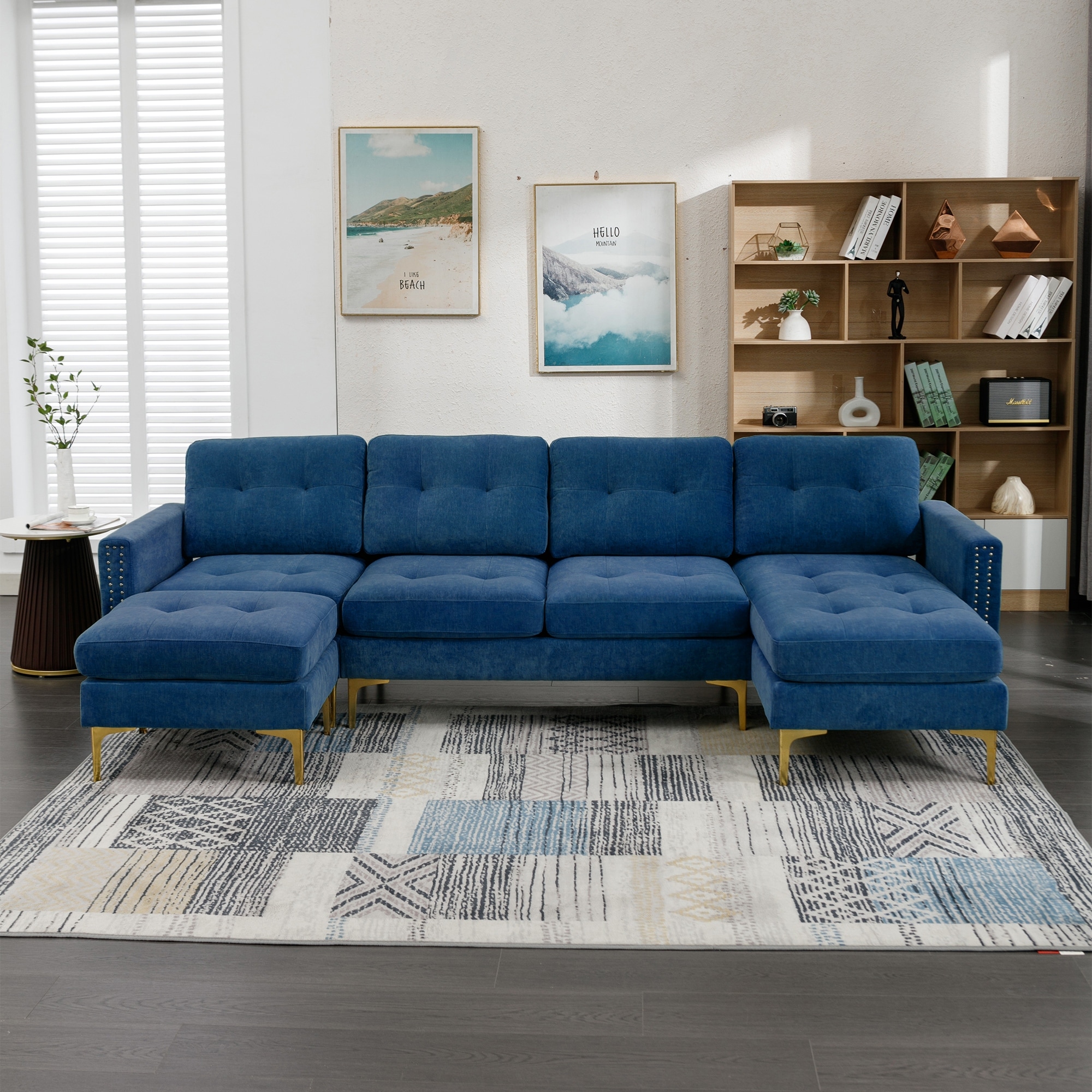 Velvet L-Shape Sectional Sofa with Movable Ottoman and Storage Pockets