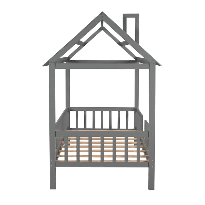 Pine House Platform Bed with Roof and Fence