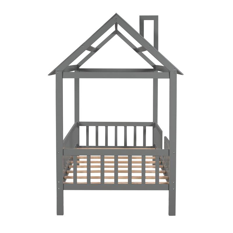Twin Size Wood House Bed with Roof, Fence, and Chimney, Sturdy Pine Frame, Perfect for Kids' Bedrooms
