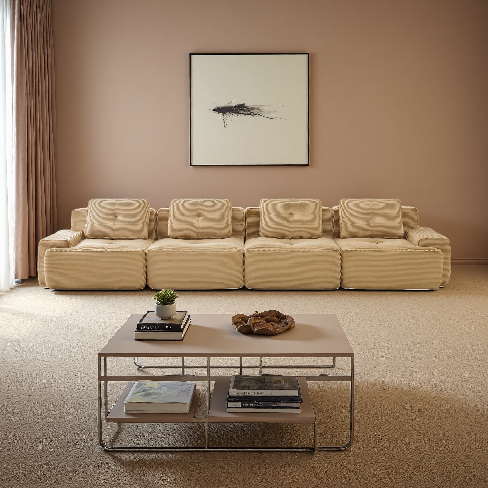 152.8" Corduroy Modular Sectional Sofa with Deep Seat and Tufted Design