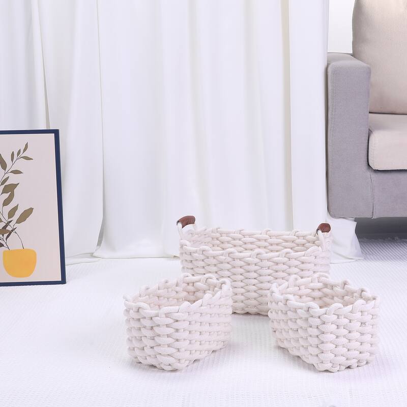 3 Pack Woven Storage Basket, Shelf Closet Storage Bin with Handles for Key Tray Bowl for Entryway Desk - 7*5.5*5in/12*8.3*6.3in