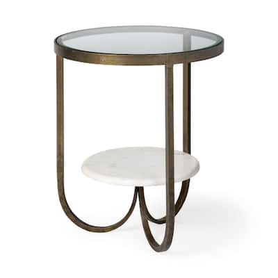24-Inch Glass Round End Table with Metal Base and Shelves for Living Room - 20” x 20” x 24”
