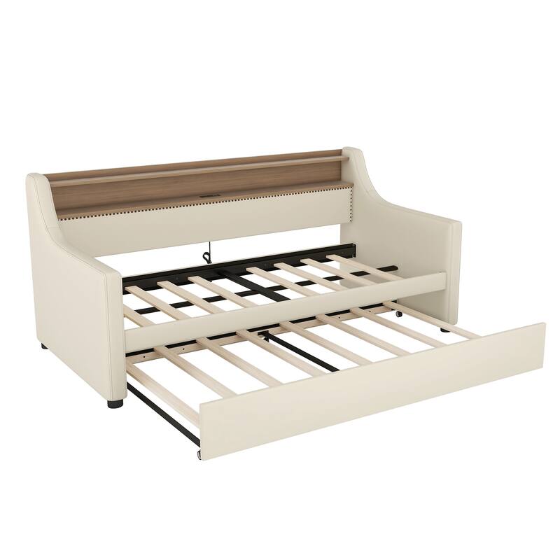 Modern Twin Upholstered Daybed with Trundle, Charging Station, and RGB LED Lights in Beige