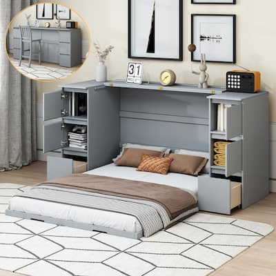 Full Size Murphy Bed with Drawers, Cabinets and USB Ports
