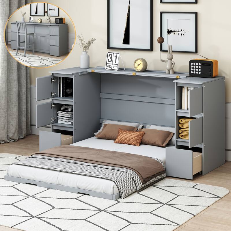 Murphy Bed with Drawers, Cabinets, USB Ports - Gray - Full
