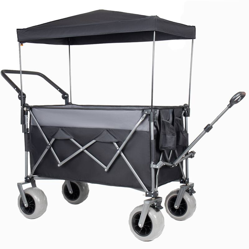 Multi-Functional Push-Pull Folding Wagon Cart with Rotating Handle & Canopy, 9"x4" Beach Tires, 300L Large Capacity
