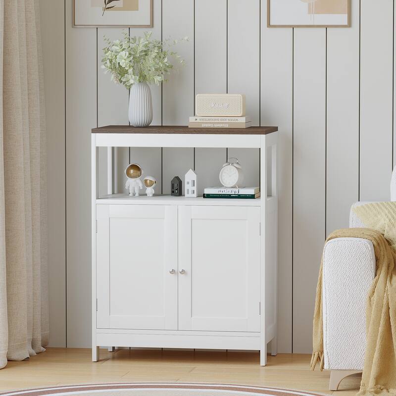 Modern Storage Cabinet with Double Doors, Free-Standing Bathroom Cabinet with Adjustable Shelf and Natural Wood Top