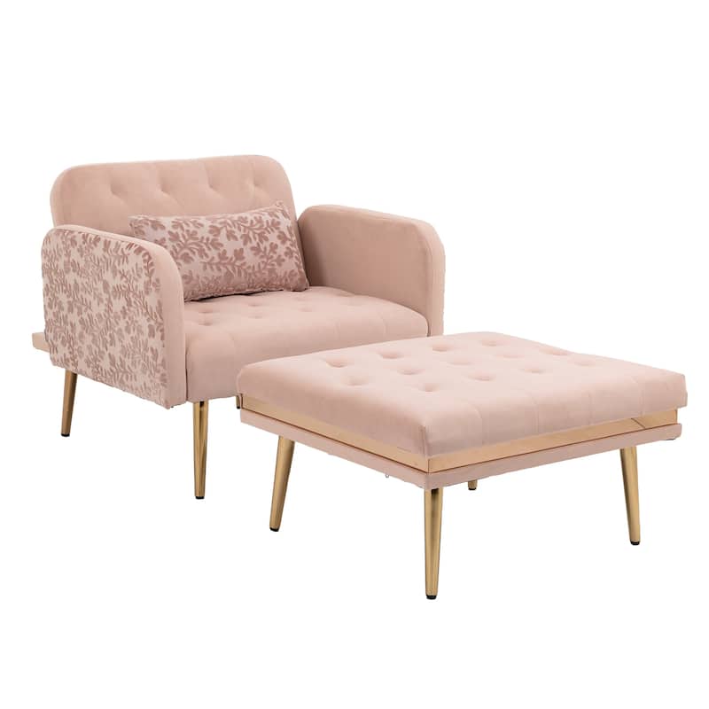 Velvet Upholstered Tufted Living Room Sleeper Chair With Ottoman