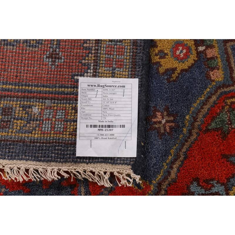 Blue Geometric Heriz Serapi Oriental Area Rug Hand-Knotted Wool Carpet - 8'8"x 11'10"
