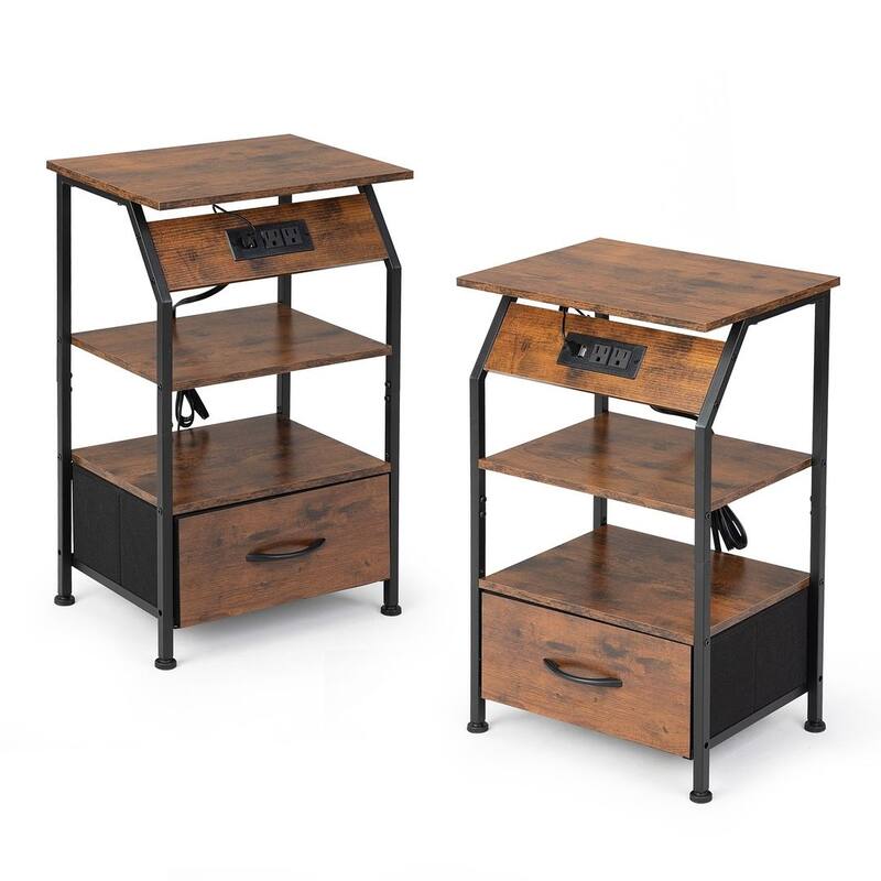 Vintage Nightstand with Charging Station, Remote Control LED Lights