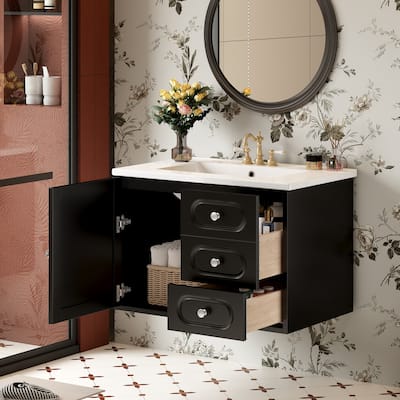 30" Mid-Century Bathroom Vanity - Ceramic Sink, 2 Drawers & Ample Storage Space‌